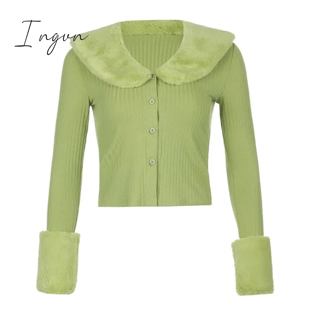 Ingvn - Artsu Ribbed Knitted Cardigans Sweaters With Fur Trim Collar Long Sleeve Slim Autumn Winter Jumpers Women Knitwear 42015