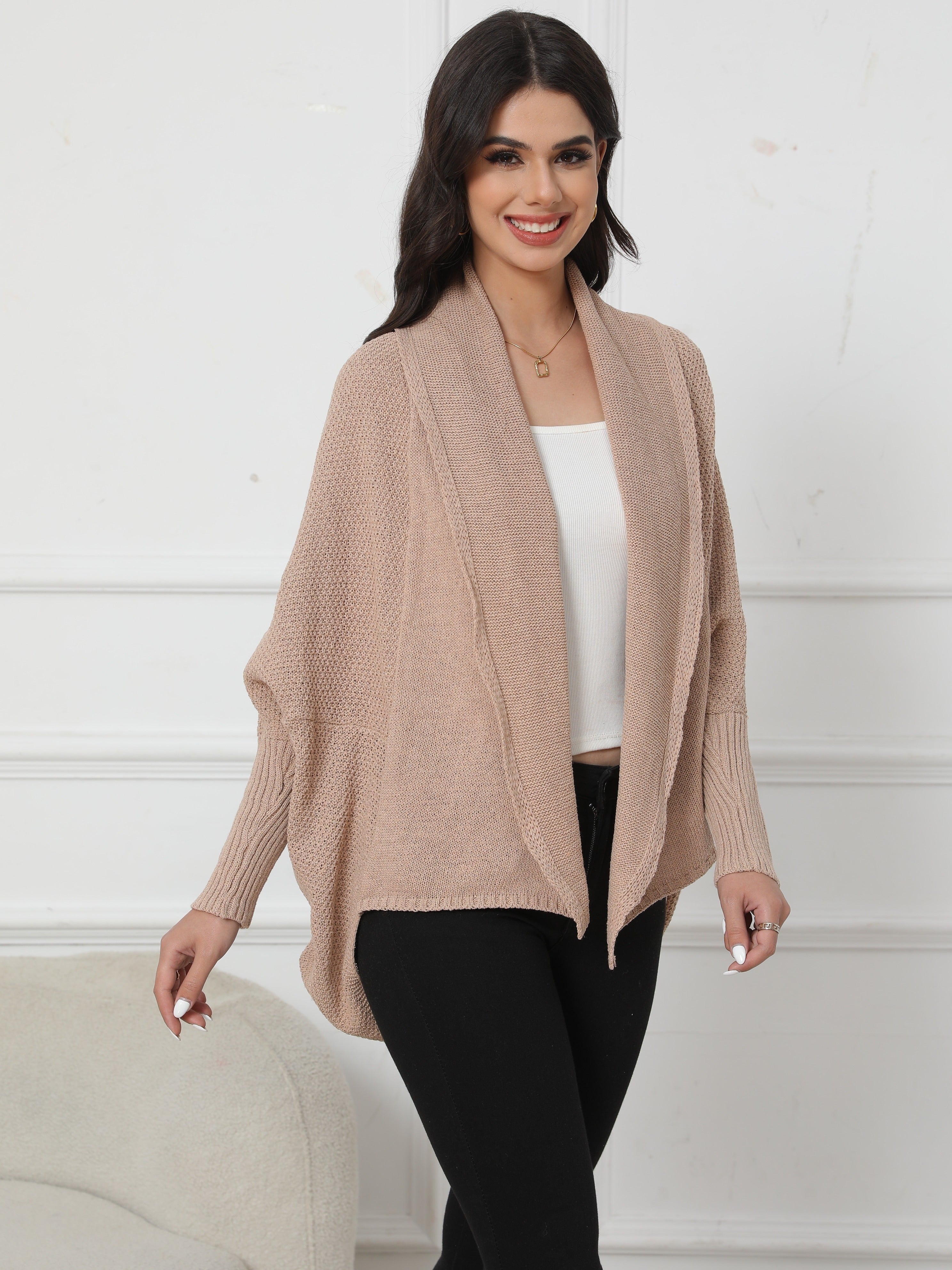 Solid Open Front Knit Cardigan, Casual Batwing Sleeve Outwear For Spring & Fall, Women's Clothing