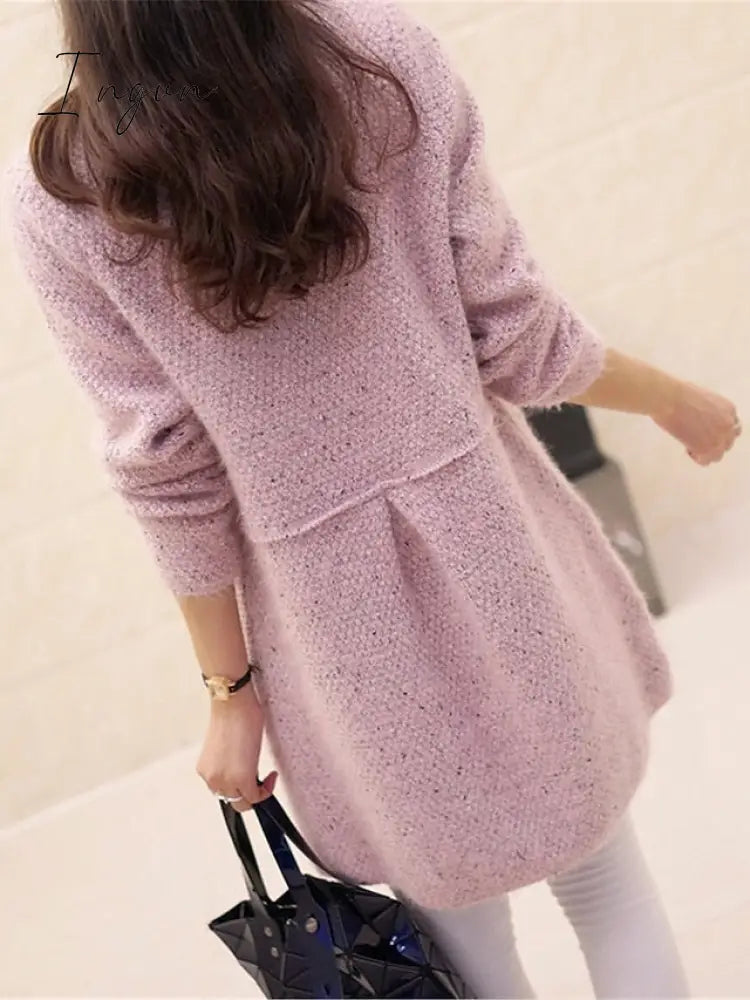 Ingvn - Women's Pullover Sweater Jumper Jumper Ribbed Knit Pocket Solid Color Crew Neck Stylish Casual Daily Going out Fall Winter Pink Wine One-Size