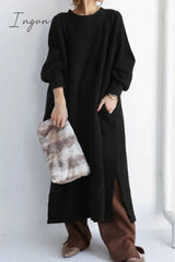 Ingvn - Casual Solid Slit O Neck Long Dress Dresses