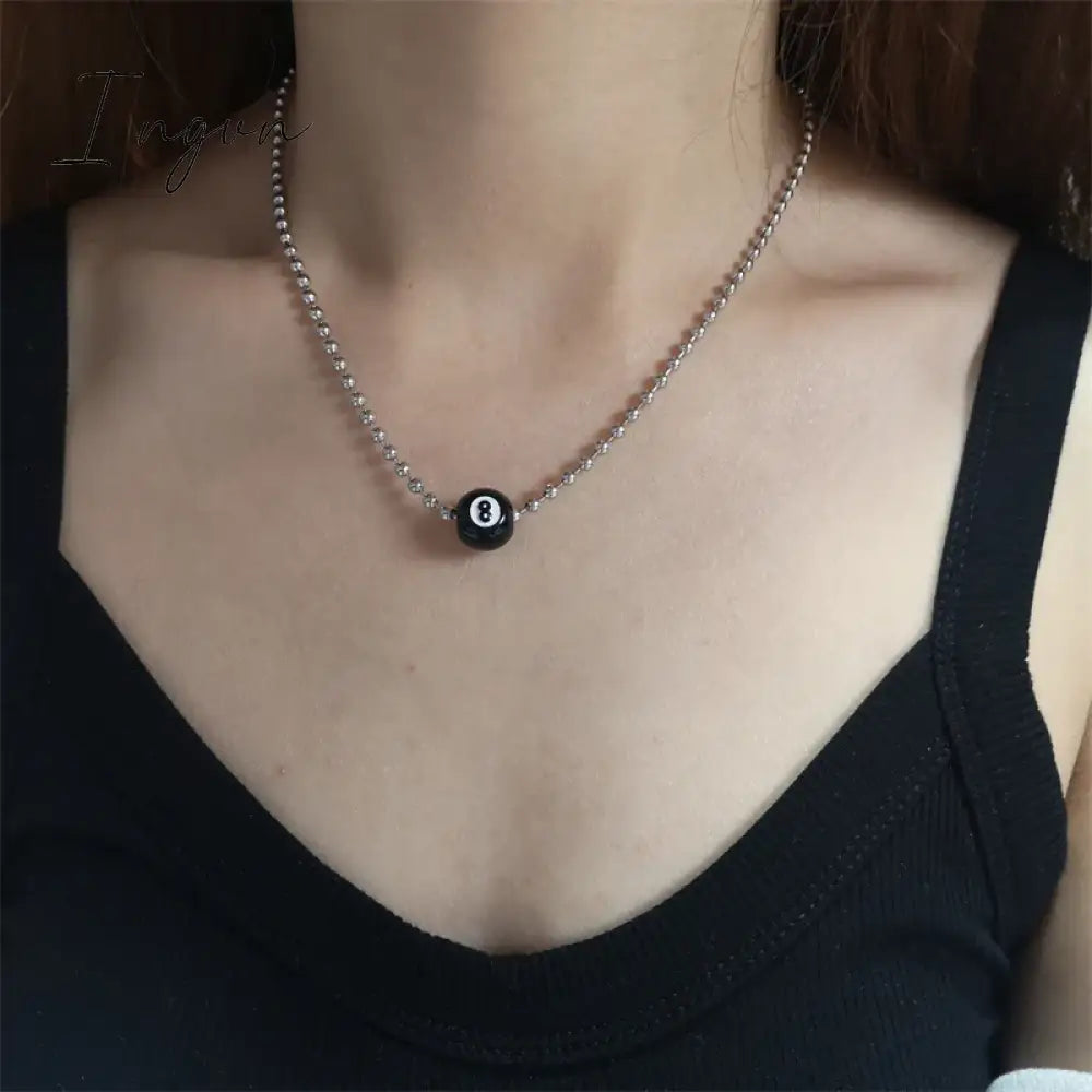 Creative Black 8 Billiard Pendant Beads Necklace For Women Men Hip Pop Punk Unusual Titanium Steel Neck Chains Fashion Jewelry