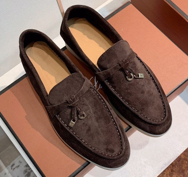 Trend New Kidsuede Women Flat Shoes Lazy Slip-on Metal Loafers Lady Casual Walk Shoes Woman Single Shoes Summer Real Leather