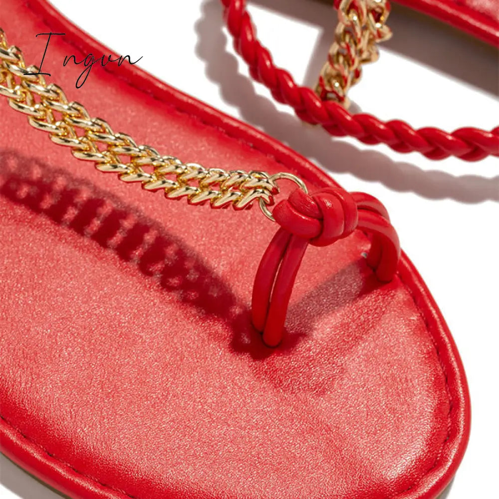 Ingvn - Gold-Tone Chain Braided Ankle Strap Toe Loop Sandals