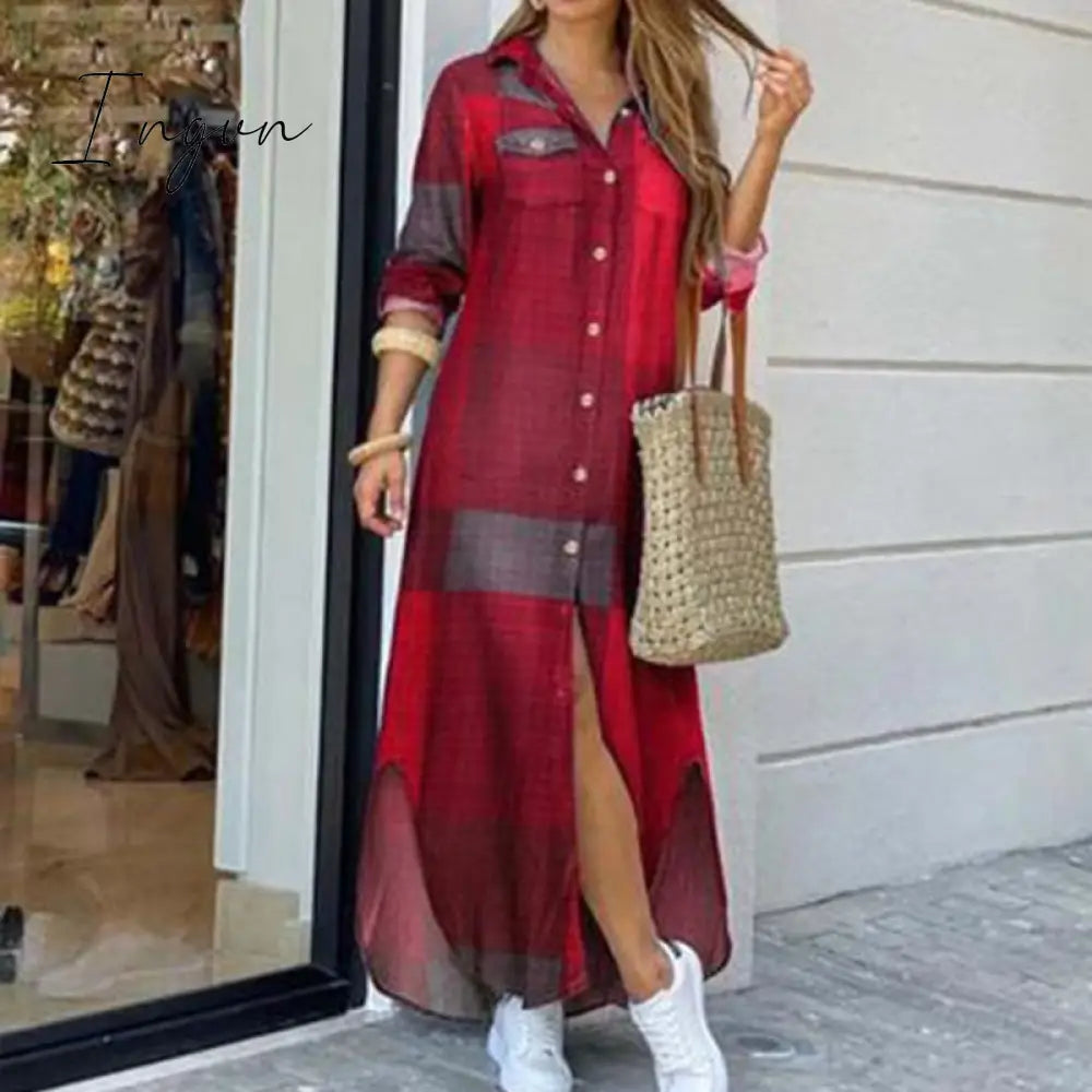 Ingvn - Fashion Women Long Sleeve Shirt Dress Autumn  Printed OL Long Dresses Laides Turn-down Collar Loose Sundress Party Dresses