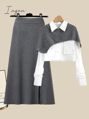 Ingvn - Spring Autumn Large Size Women's Shawl Shirt Three-piece Set+High Waist Knitting Half-body Skirt Set Women Fashion 3 Piece Set