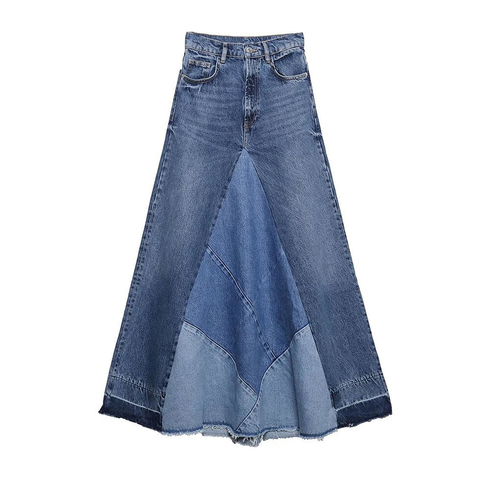Voguable  denim skirt  spring new women's clothing Versatile fashion high waist contrast color patchwork casual denim skirt series