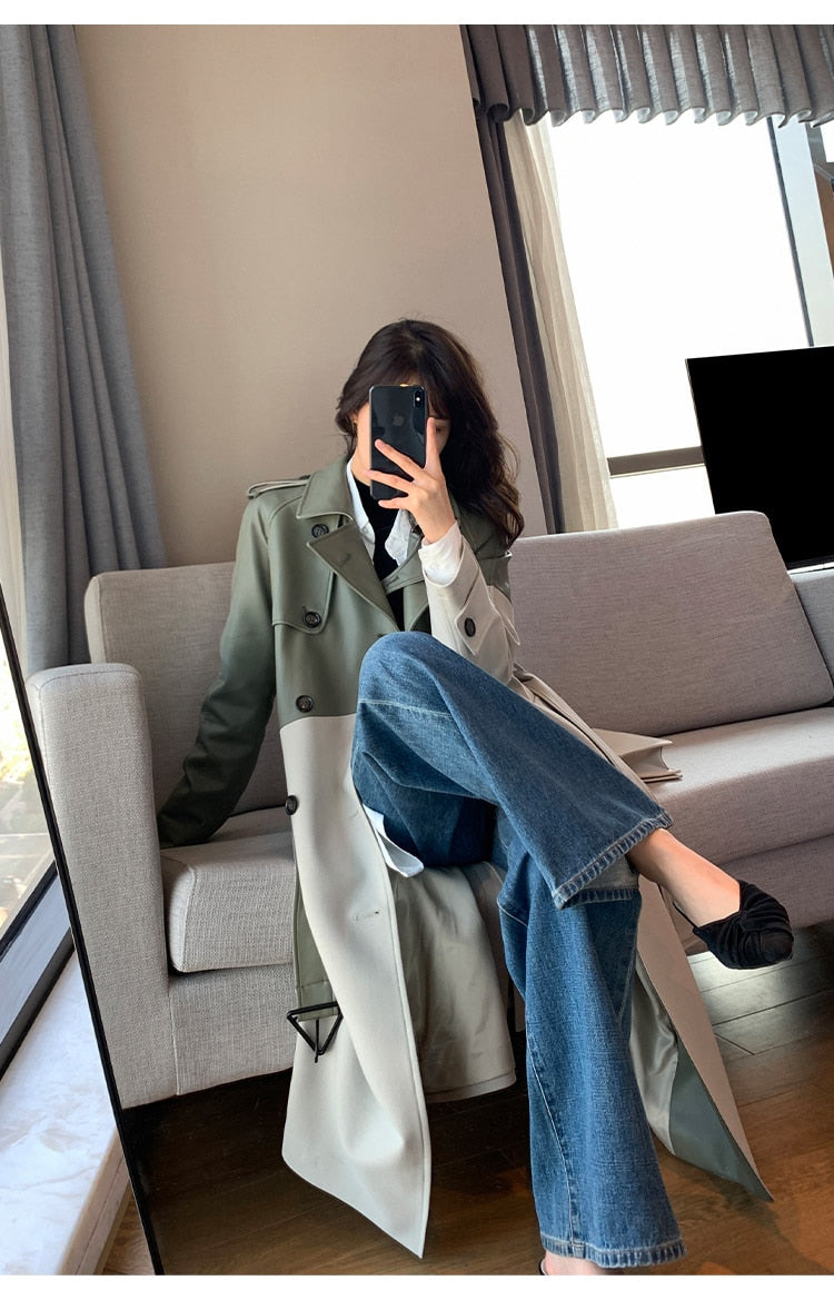 Women's Coat Spring Autumn Windbreaker Jacket Female Green Trench Quality Clothing Leather Stitching Windproof Long Ladies Cloak