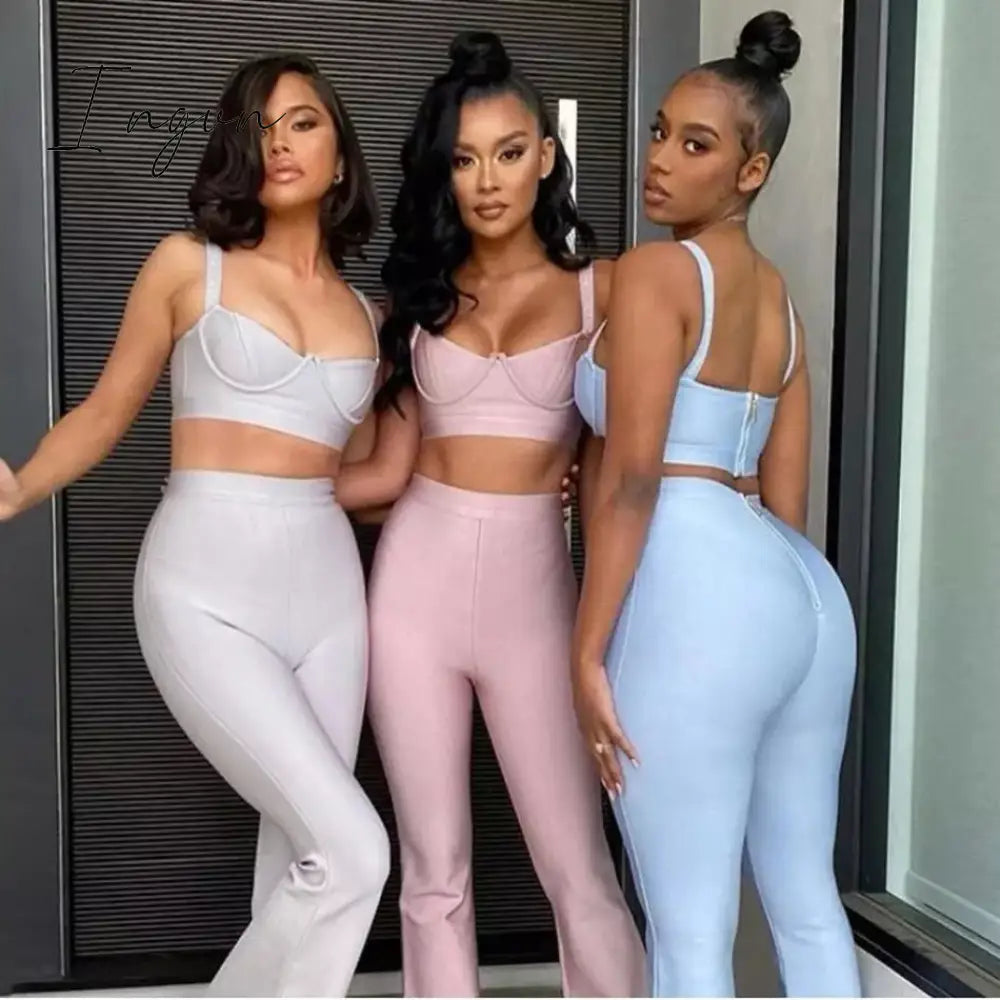 Ingvn - Set 2 Pieces Strap Sleeveless Bustiers And Long Bell-Bottoms Trousers Sexy Celebrity Party Sheath Vestidos  Dobanmbd
