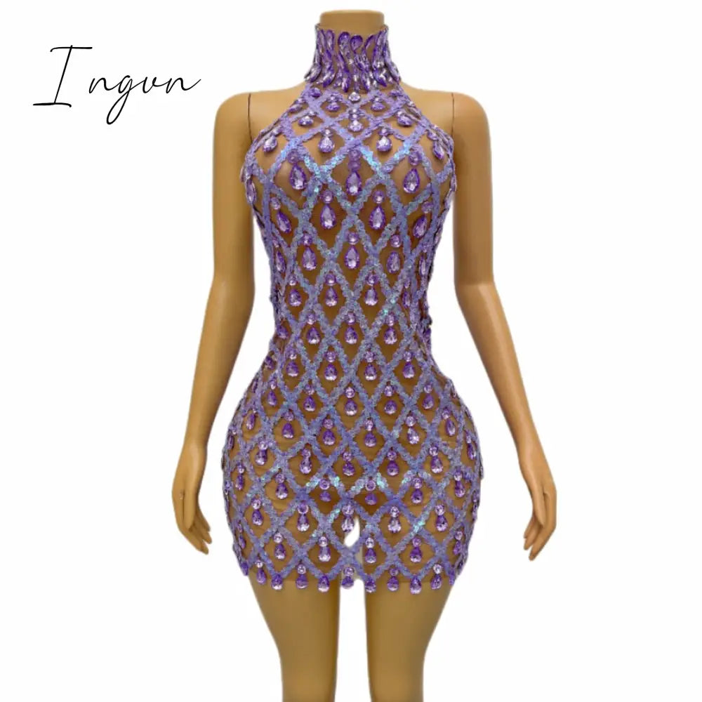 Ingvn - Sparkly Black Sequins Sleeveless Birthday Stones Transparent Backless Dress Shiny Evening Celebrate Outfit Stretch Mesh shaokao