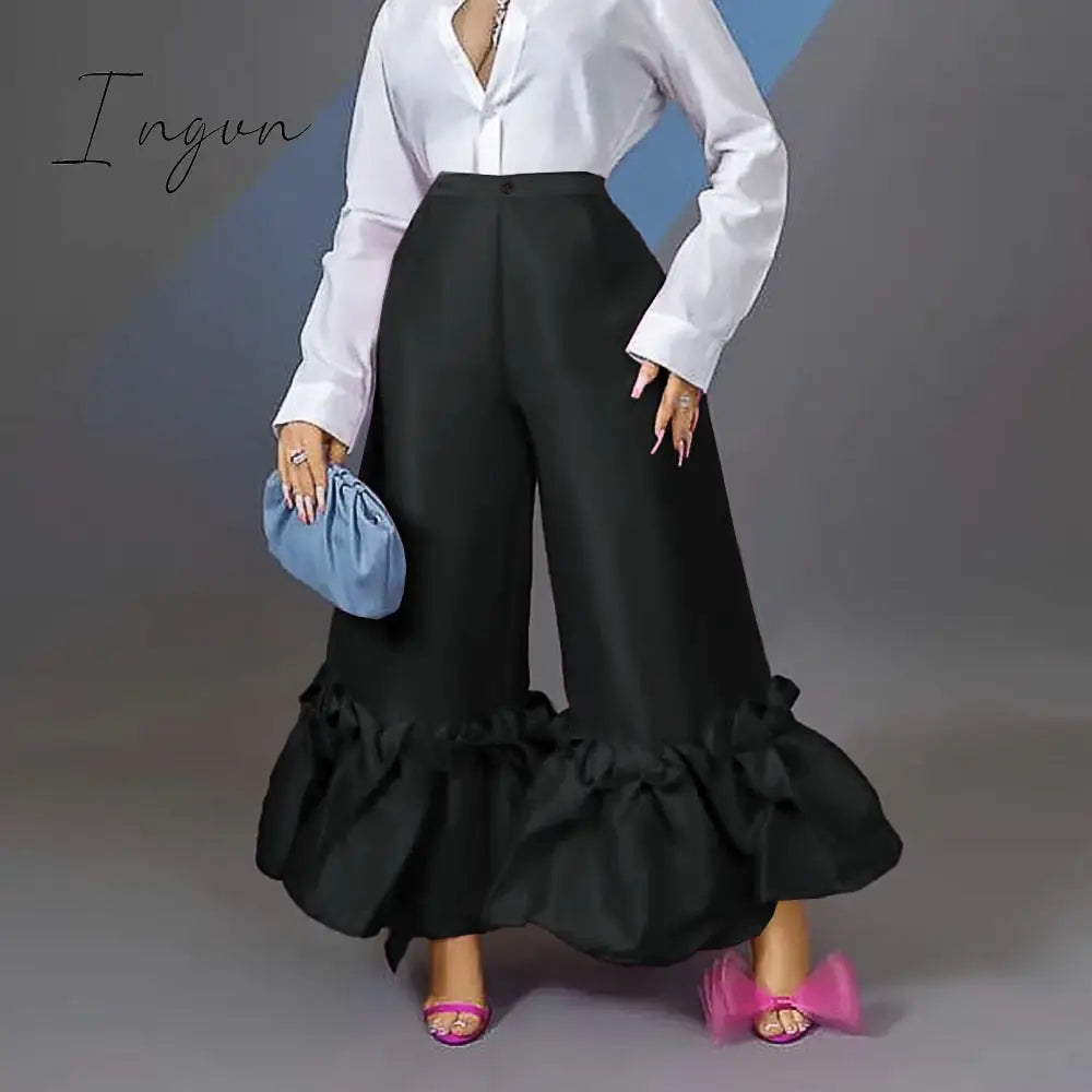 Ingvn - Women High Waist Flare Pants Wide Leg Big Size Shiny Fuchsia Bell Bottoms Trousers Dressy Femme Trendy Party Club Outfits 4XL