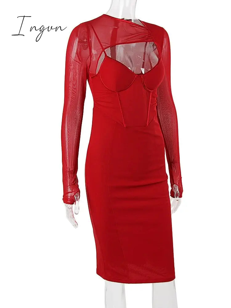 Ingvn - Spring Autumn Dresses for Women Winter Long Sleeve Padded Corset Hollow Out Lined Wedding Guest Dress Holiday Party Outfit Women Bodycon Elegant Dress