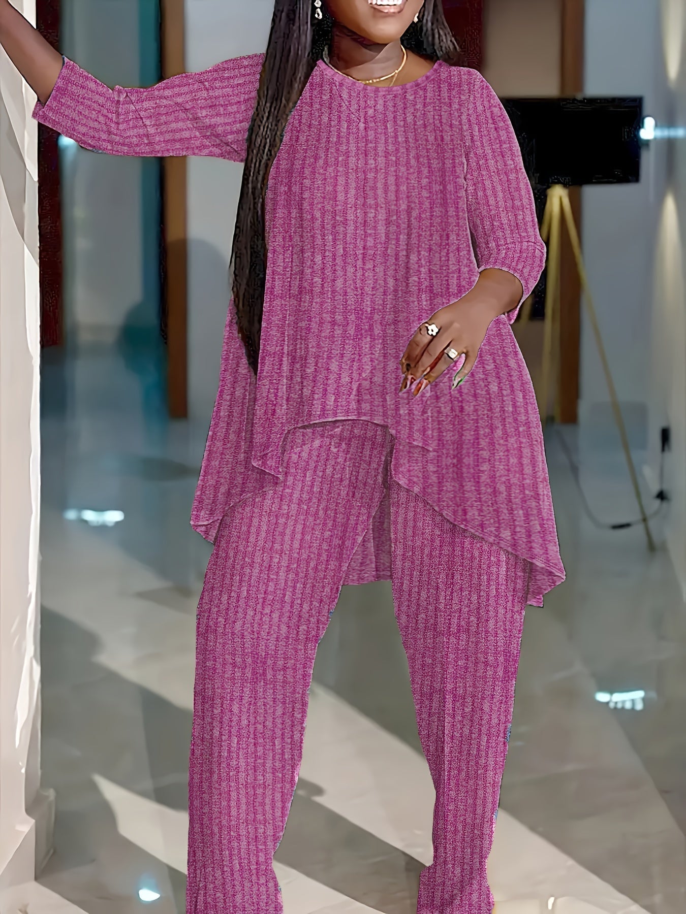 Women's Plus Size Fashion Round Neck Two-Piece Outfit, Polyester Knit, Asymmetric, Solid Color, Elegant Middle Eastern Style, Stretch Fabric, Cozy Loungewear Set