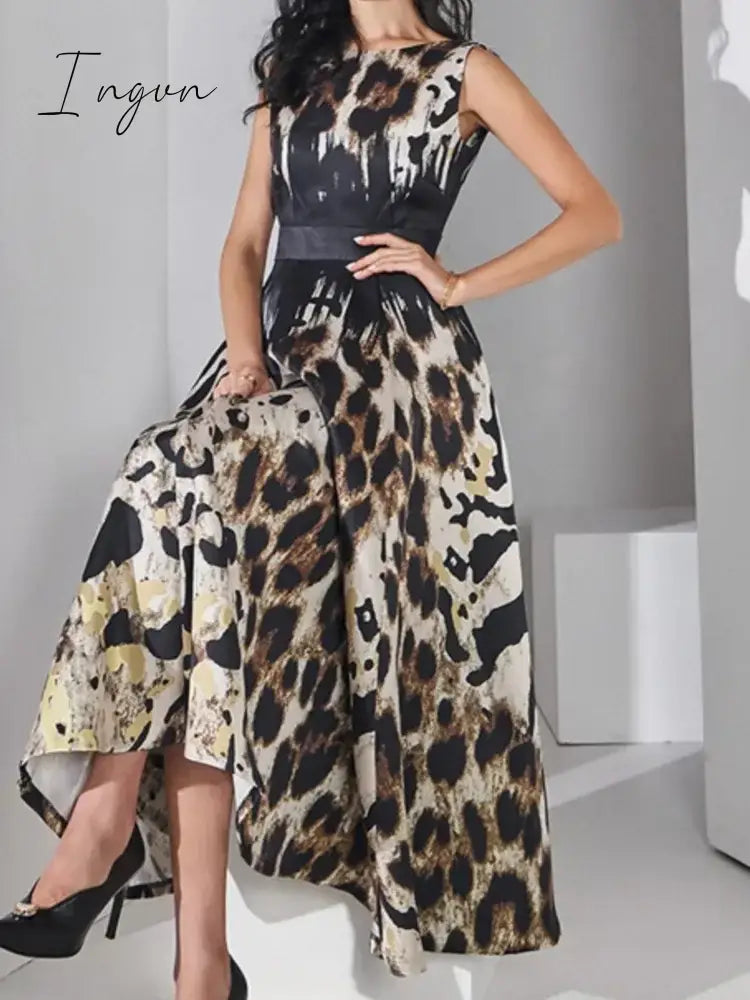 Summer Women Fashion Elegant Casual Midi Dress Sleeveless A-Line Leopard Print Vintage Party Clothes Female Chic Vestidos Robe