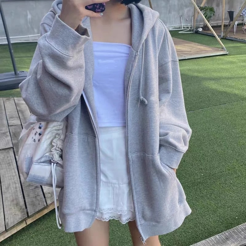 VOGUABLE  Women Hoodies Harajuku Korean Version Zip Up Loose Oversized Sweatshirts Casual Solid Color Long Sleeve Hooded Sweatshirt Coats