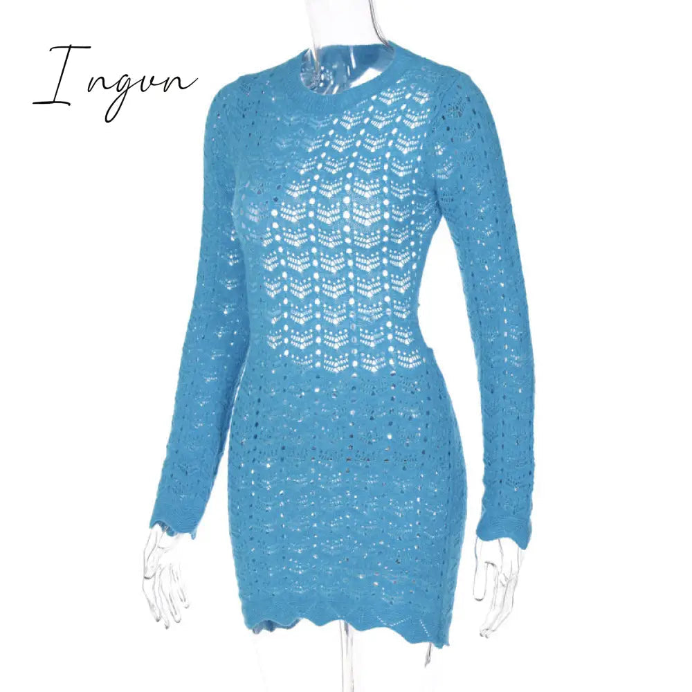 Ingvn - Round Collar Backless Blue Dress Women Sexy Long Sleeve Elegant Beachwear Solid Bodycon See Through Sheath Dress Female
