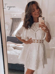 Ingvn - Trends Aproms Elegant White Floral Embroidery Cotton Dress Women Casual High Fashion Backless Short Mni Dresses High Waist Autumn Dress