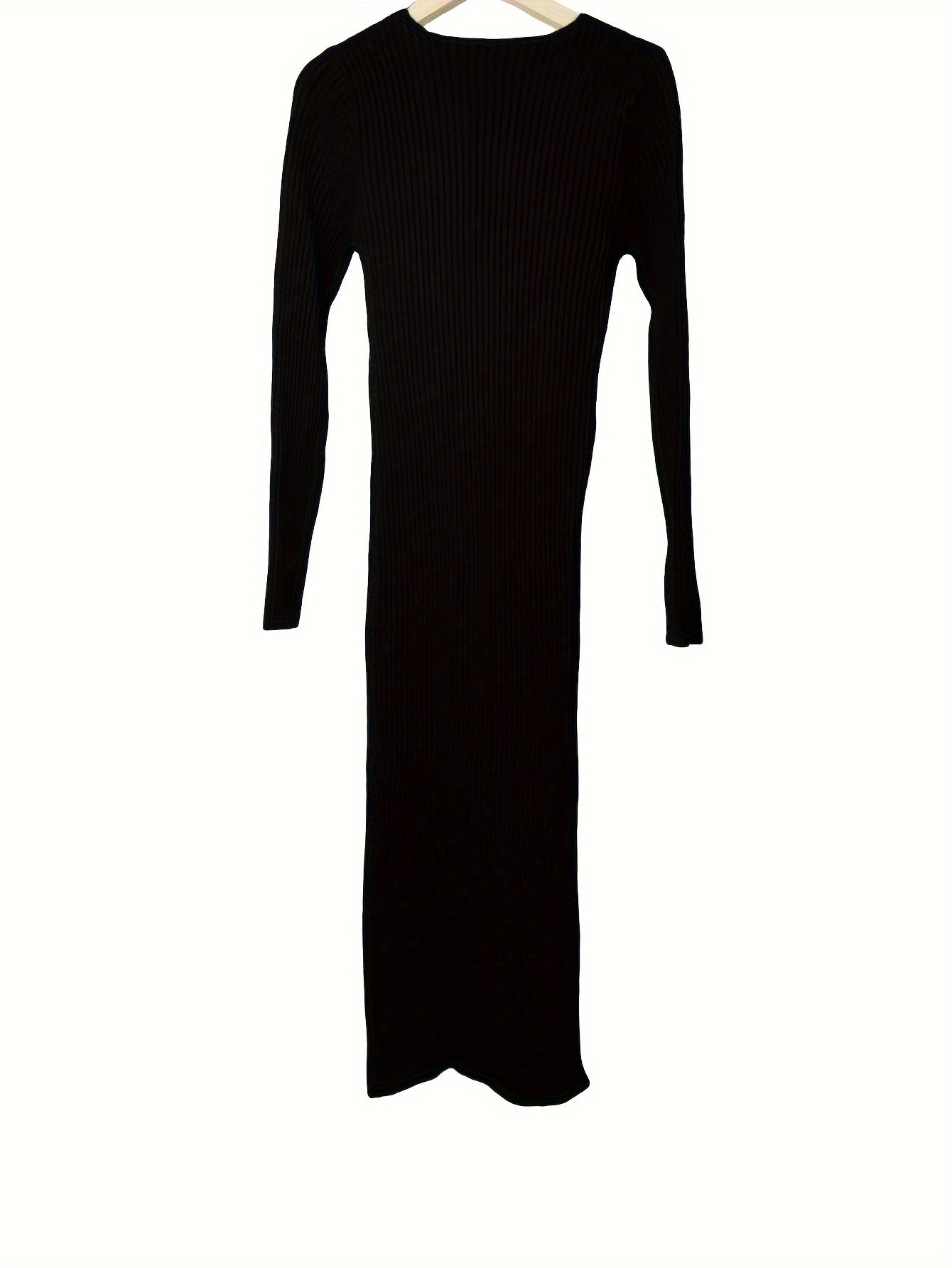 Solid Color Ribbed Long Sleeve Dress, Casual Knitted V Neck Dress For Spring & Fall, Women's Clothing