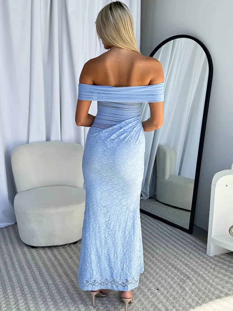 Off-shoulder Strapless Sexy Maxi Dress Women Summer Fashion Sleeveless Backless Lace See Through Club Party Long Dress