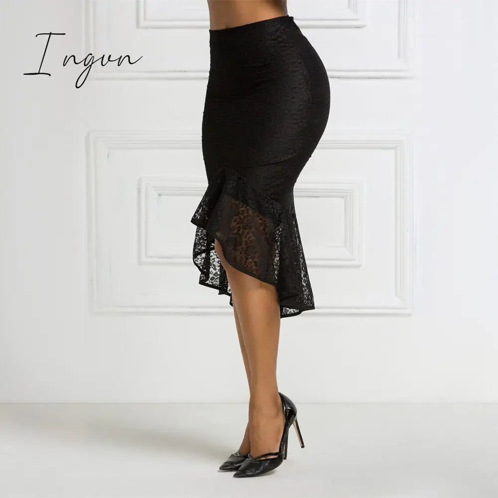 Ingvn - Fashion Trends Women Black Lace Skirt High Waist Slim Midi Modest Classy Irregular Length Female Package Hip Jupes Falad Office Elegant Fashion
