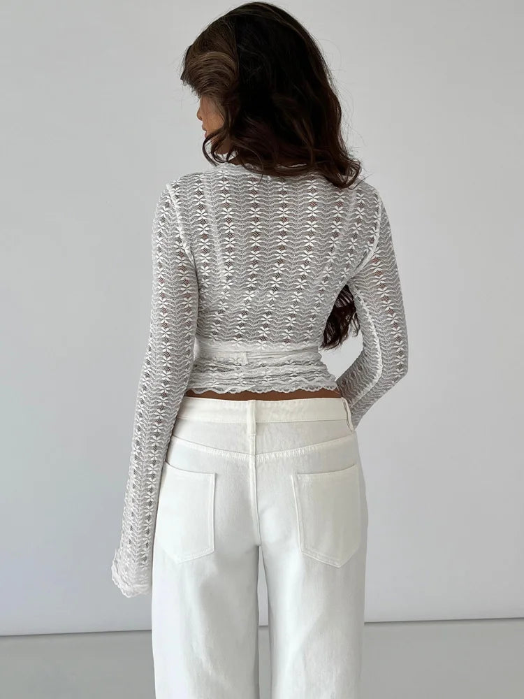 Bandage Hollow Out V-Neck T-shirt Top Women's Bandage Long Sleeve See-Through Sexy Casual Pullover Female Printed Tee Top