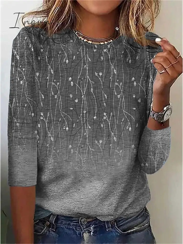 Ingvn - Women's T shirt Tee Blue Floral Print Long Sleeve Holiday Weekend Basic Round Neck Regular Floral Painting