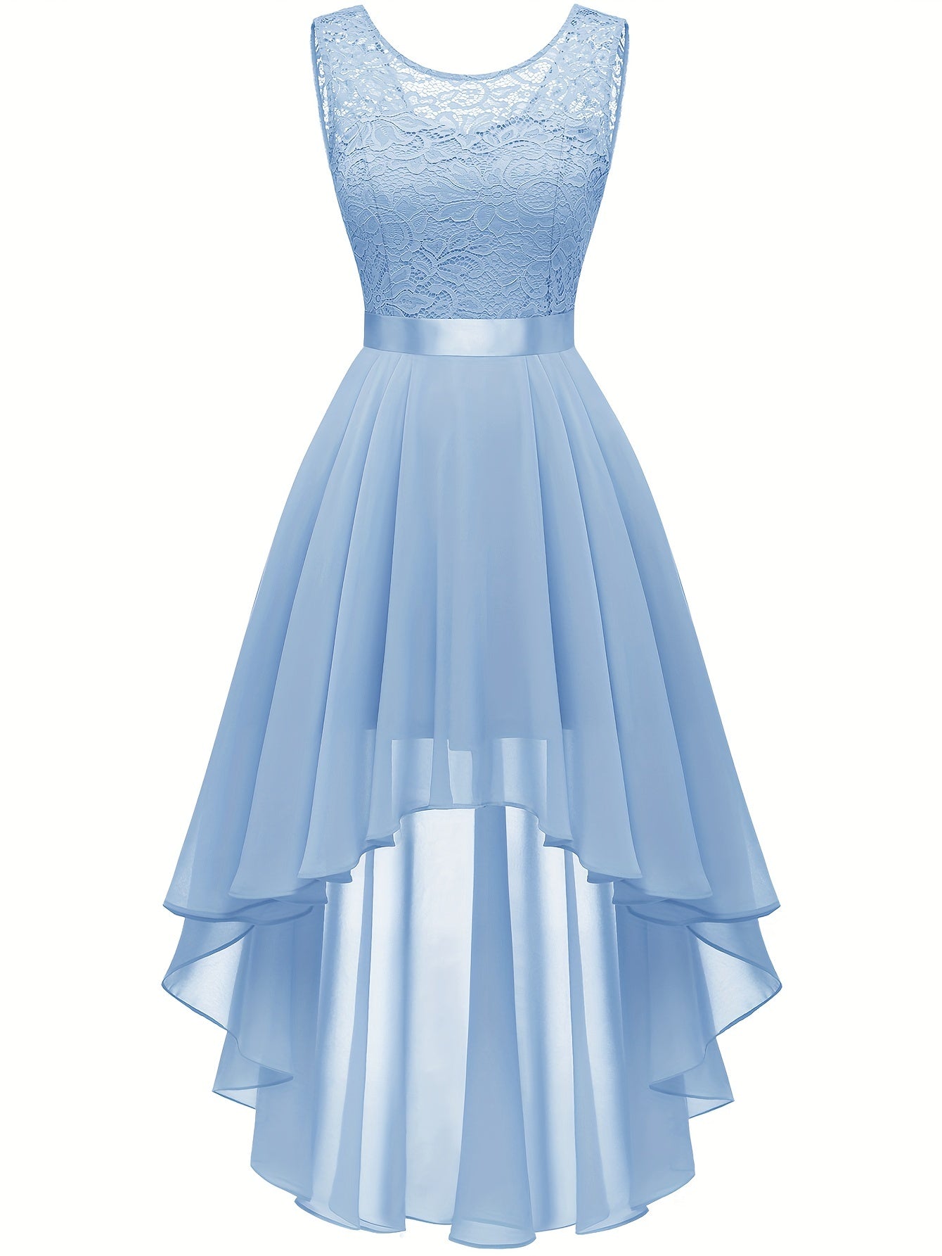 Contrast Lace Asymmetric Hem Wedding Dress, Elegant Solid Bow Waist Tank Dress For Party & Banquet, Homecoming Dress, Women's Clothing