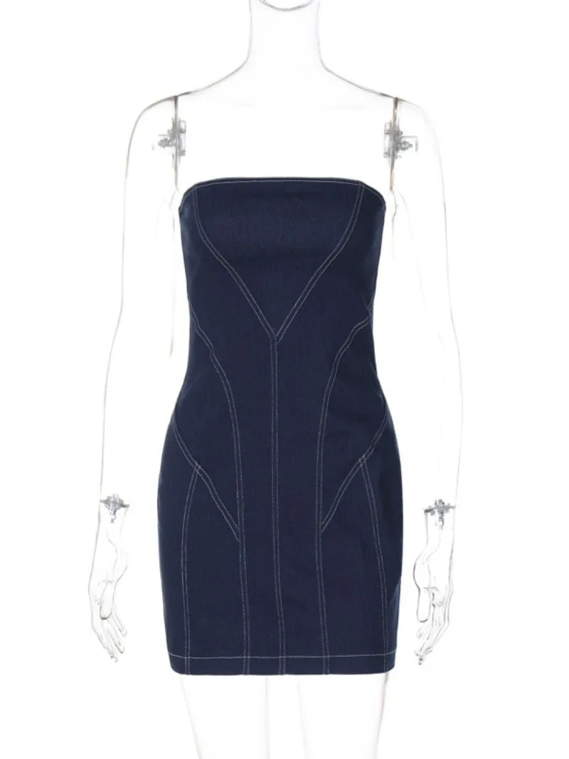 Ingvn  Woman Clothes Strapless Solid Blue Denim Dress Y2K Streetwear  Ladies Sleeveless High Waist Backless Zip-up Short Dresses
