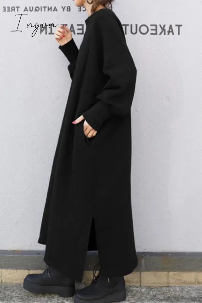 Ingvn - Casual Solid Slit O Neck Long Dress Dresses