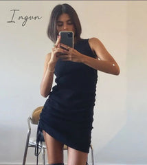 Ingvn - Cotton Ruched Drawstring Sexy Party Dress Women Sleeveless Elastic Mini Dress Vintage Summer Bodycon Club Wear Vestidos
