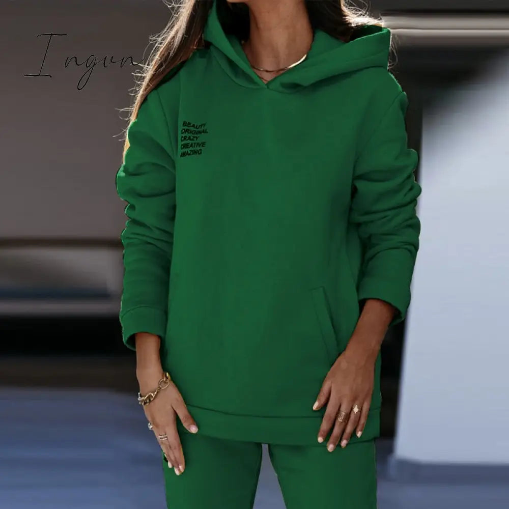 Ingvn - Women Fleece Letter Print Two Piece Set Casual Long Sleeve Hoodie Sweatshirts And Jogging Pants Suits Loose Female Tracksuits