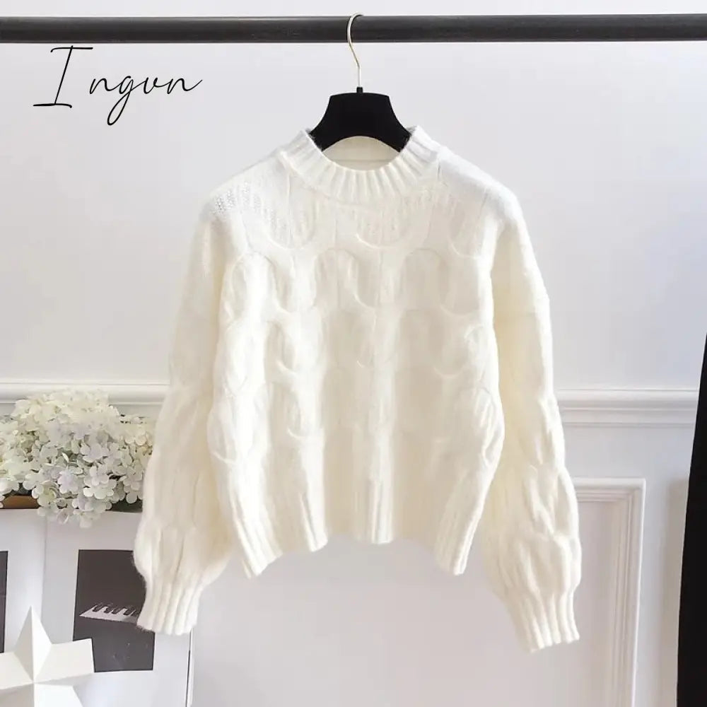 Ingvn - Twist Round Neck Solid Casual Vintage Soft Knitted Women's Sweater Long Sleeve Korean Fashion Chic Pullover Female Jumpers