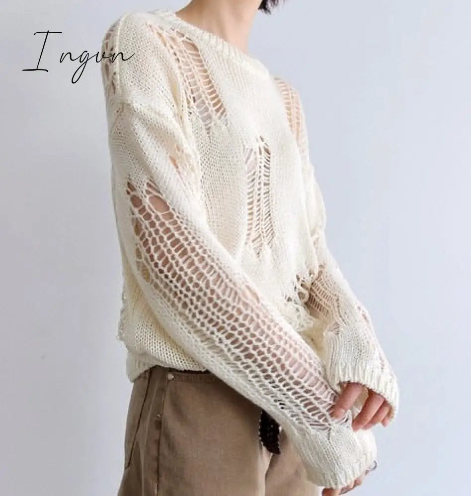 Ingvn - Autumn New Korean Style Long-sleeved Sexy Hole Sweater Asymmetric Hem Loose Pullover Hollow Out Thin Knit Sweater Jumper Tops