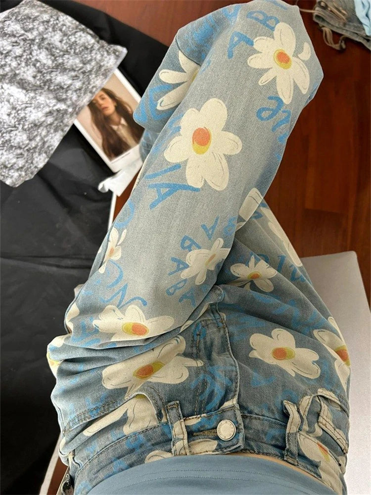 Ingvn  Women's Daisy Printed High Waisted Jeans Summer Street Cool Girl Bottoms Wide Legs Irregular Pants Female Baggy Denim Trousers