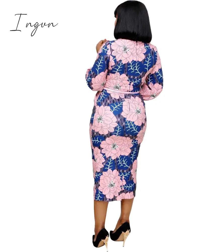 Ingvn - Women Bodycon Printed Dress Three Quarter Sleeves Midi Office Ladies Work Wear Elegant Classy Vestidos African Female Plus Size