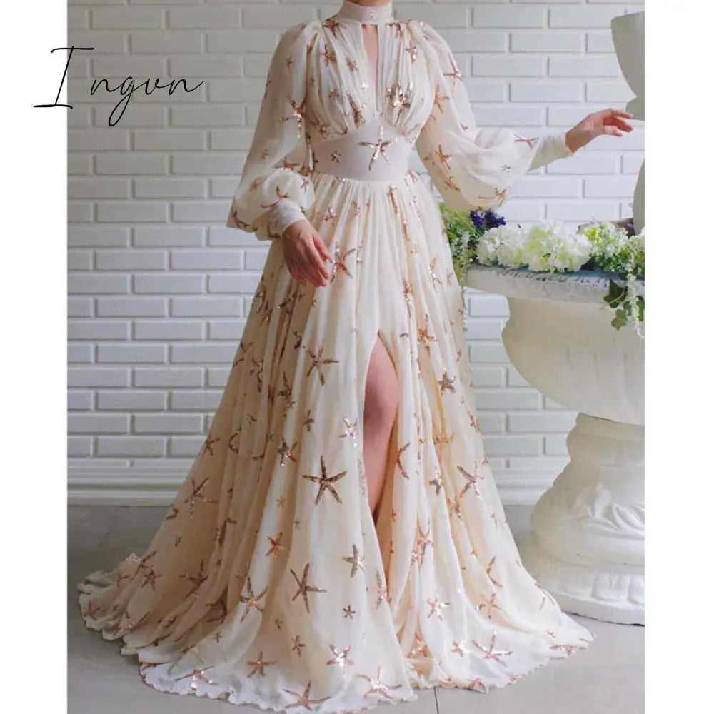 Ingvn - Elegant Women Party Chiffon Dress Sequined Detail Design Slim Waist Dress Classy Formal High Slit Long Maxi Dress