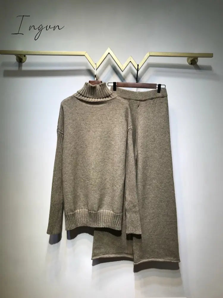 Ingvn - sweater set women tracksuit spring autumn knitted suits 2 piece set warm turtleneck sweater pullovers wide legs pants