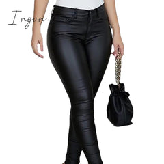 Ingvn - PU Leather Pants Women High Waist Button Zipper Slim Push Up Woman Pencil Pants Casual Pockets Blue Skinny Women Pants Plus Size
