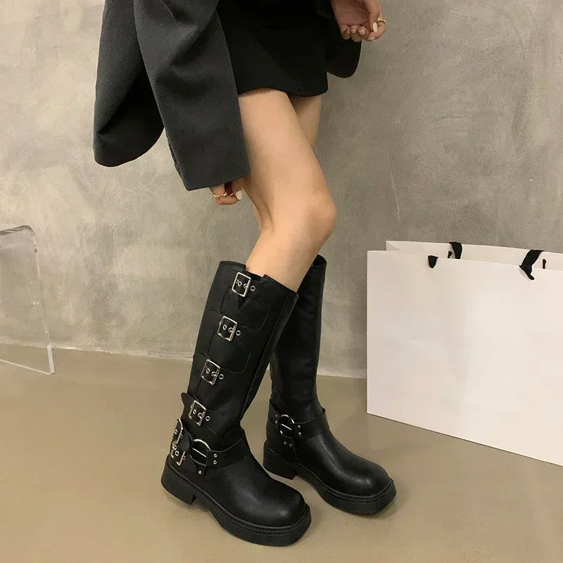 Ingvn  Square Toe Women Western Cowgirl Boots Fashion Belt Buckle Knight Long Booties Autumn Winter Female Low Heel Shoes