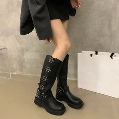 Ingvn  Square Toe Women Western Cowgirl Boots Fashion Belt Buckle Knight Long Booties Autumn Winter Female Low Heel Shoes