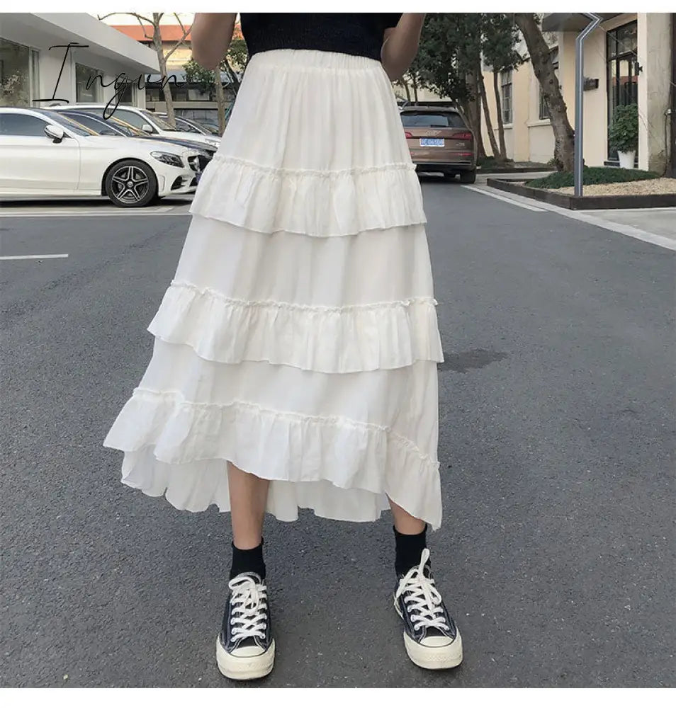 Ingvn - Midi Long Skirts Womens Maxi Skirt Goth Lolita Summer High Waisted Asymmetrical High Low Ruched Ruffle Skirts rok