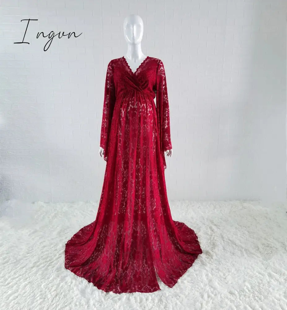 Ingvn - Boho Style Lace Maternity Dress For Photography Maternity Photography Outfit Maxi Gown Pregnancy Women Lace Long Dress