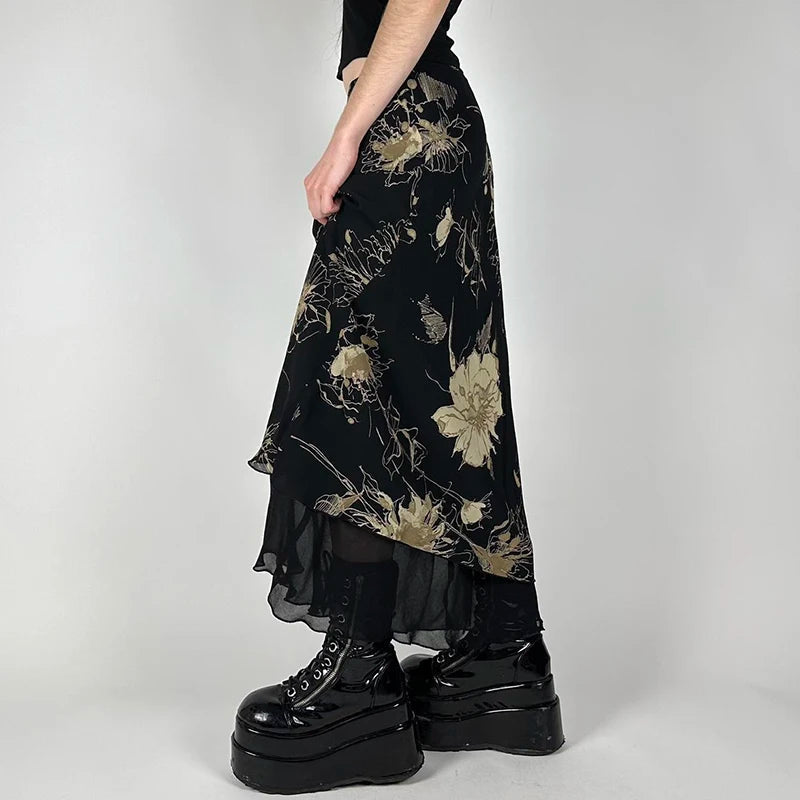 Vintage Floral Print Low Rise Long Skirt Streetwear 90s Slim-fitting Women's Skirts Harajuku y2k Aesthetic Ladies Bottoms