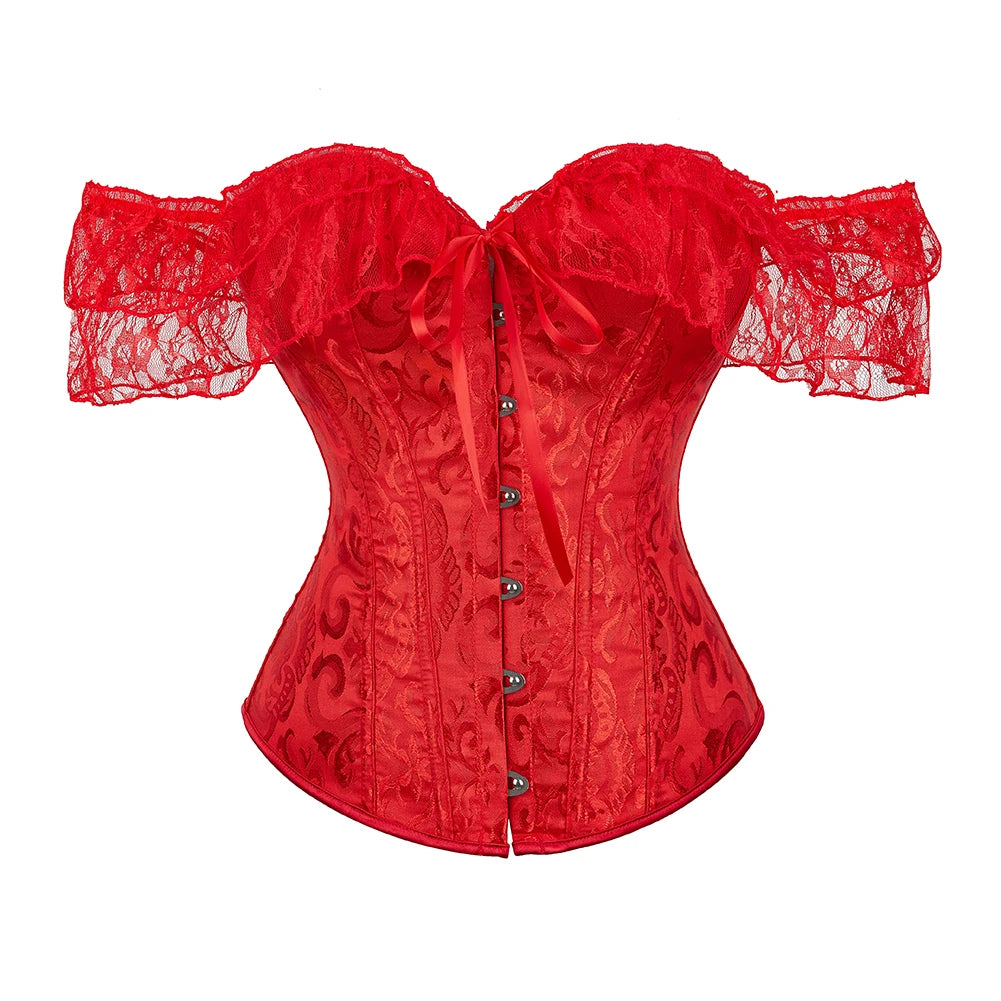 Voguable Womens Bustier Overbust Corselet Lace Up Short Sleeve Sheer Corset Bluse Costume Crop Top