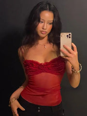 Spaghetti Strap Mesh Pleated Sexy Crop Tops Women Red Strapless Sleeveless Backless Skinny Club Tank Tops Clubwear