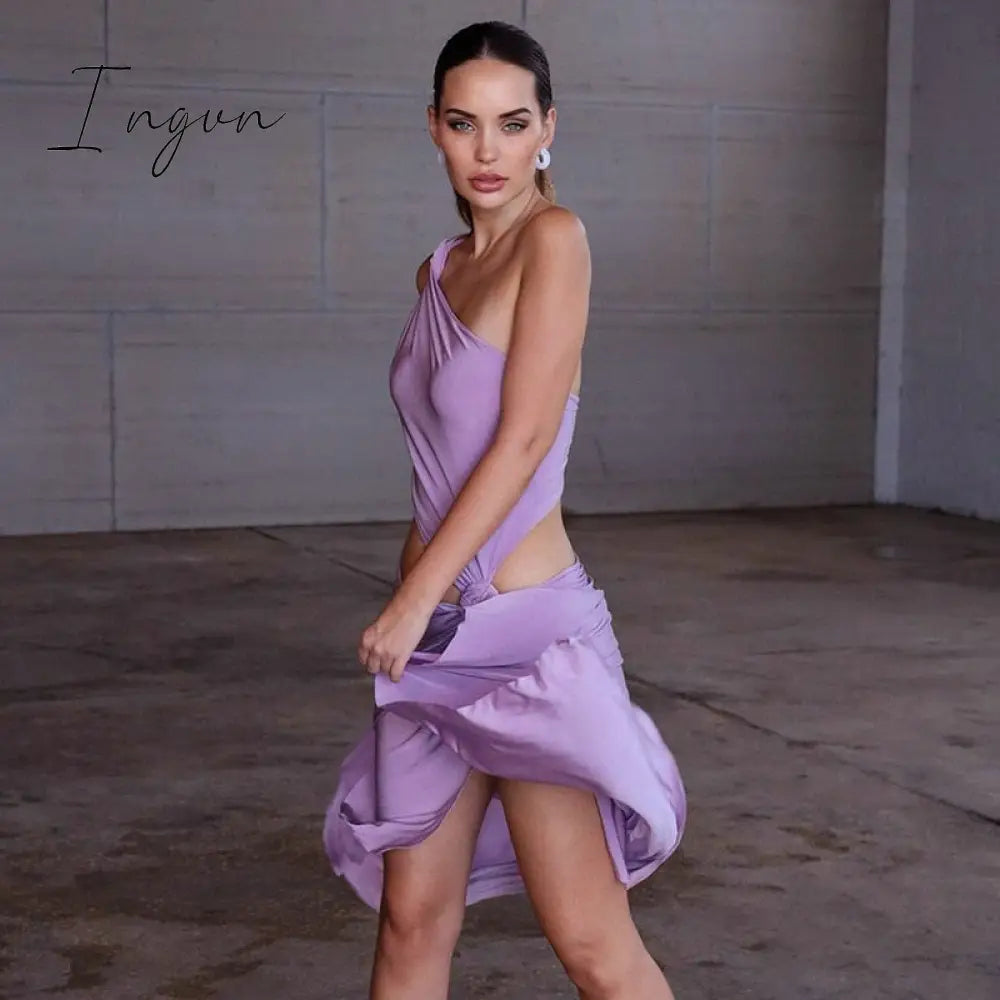 Ingvn - Irregular Sexy Cut Out High Rise Slit Dress Party Club Elegant Twist Knot Sleeveles Backless Maxi Dresses Outfits