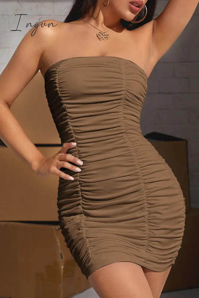 Ingvn - Sexy Party Solid Fold Strapless Wrapped Skirt Dresses
