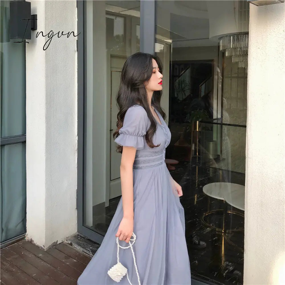 Ingvn - 2023 Summer Mesh Dress Women Puff Sleeve V-neck A-line Slim Korean Style Mesh Retro DressElegant Vintage Vestidos Female News