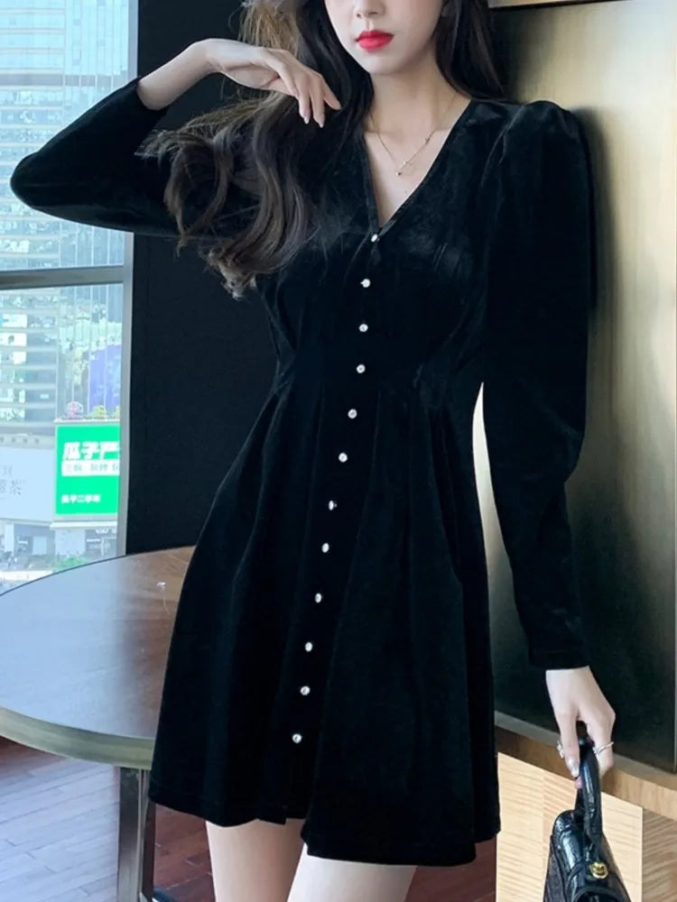 Elegant Solid Velvet Dresses for Women V-neck Long Sleeve A-line French Mini Dress Party Evening Autumn Casual Vestidos Mujer