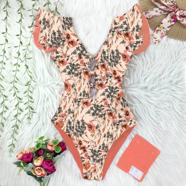 New Sexy Ruffle Print Floral One Piece Swimsuit Off The Shoulder Swimwear Women Solid Deep-V Beachwear Bathing Suit Monkini