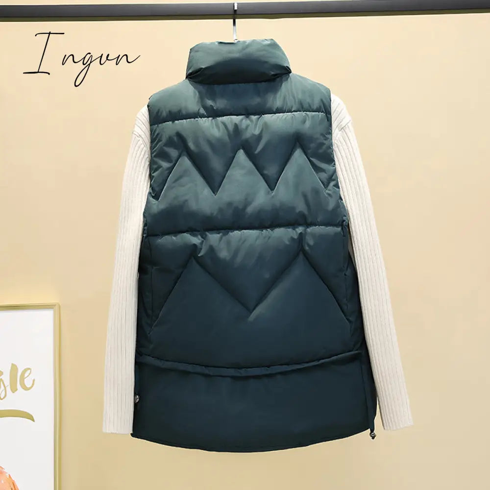 Ingvn - Autumn Winter Down Cotton Soild Women's Vest Short Style New Slim Fashion Stand-up Collar White Jacket Sleeveless Vest